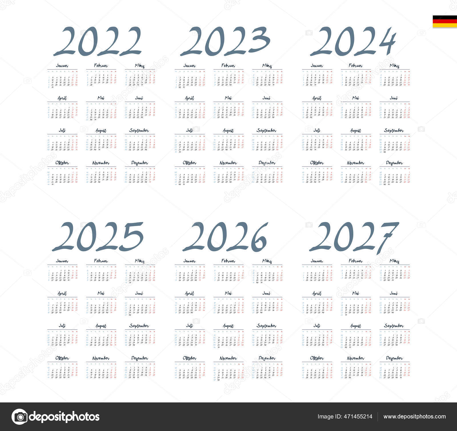 German Calendar 2022 2023 2024 2025 2026 2027 Week Starts Stock Vector