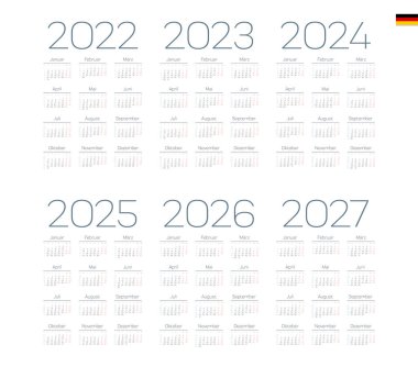 2022, 2023, 2024, 2025, 2026, 2027 Alman takvimi. Hafta pazartesi başlıyor.