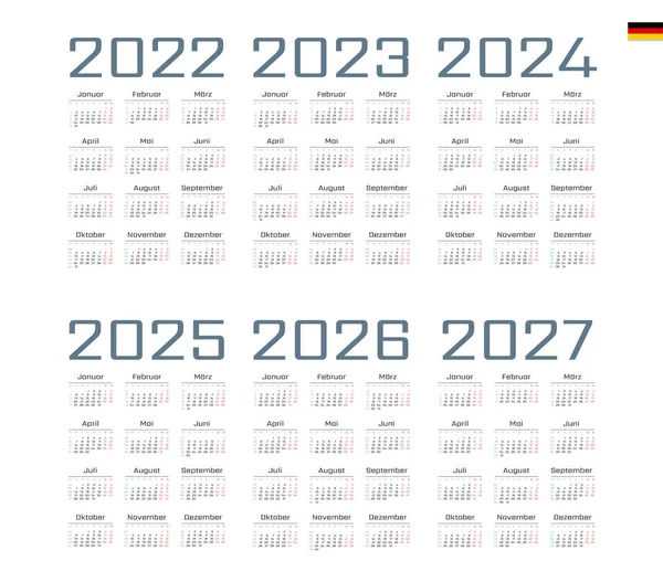 German Calendar 2022 2023 2024 2025 2026 2027 Week Starts Stock Vector