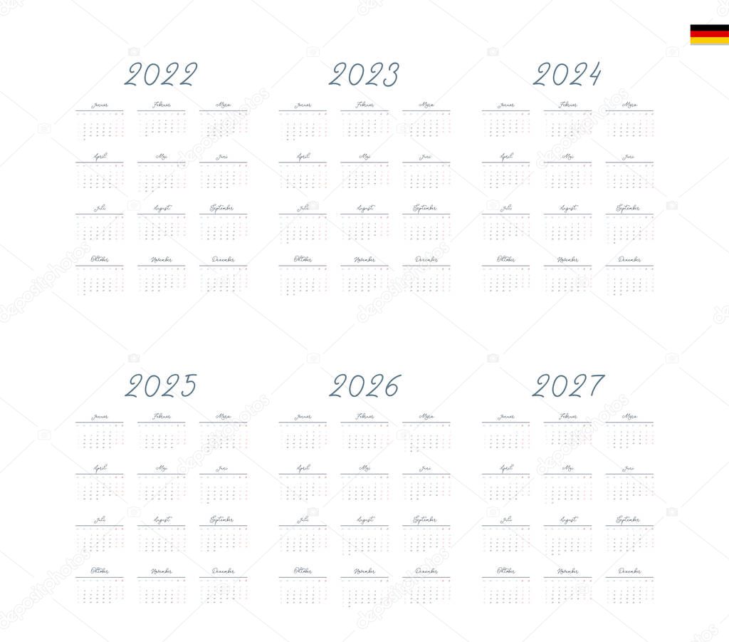 German Calendar for 2022, 2023, 2025, 2025, 2026, 2027. Week starts on