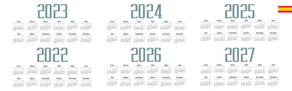 西班牙历2022年 2023年 2024年 2025年 2026年 2027年 白色背景 周开始于星期一 — 图库矢量图片