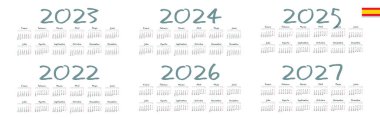 İspanyol takvimi 2022, 2023, 2024, 2025, 2026, 2027 beyaz arka plan, hafta pazartesi başlıyor.