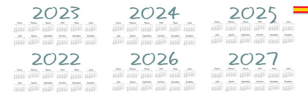 Испанский календарь 2022, 2023, 2024, 2025, 2026, 2027 на белом фоне, неделя начинается в понедельник