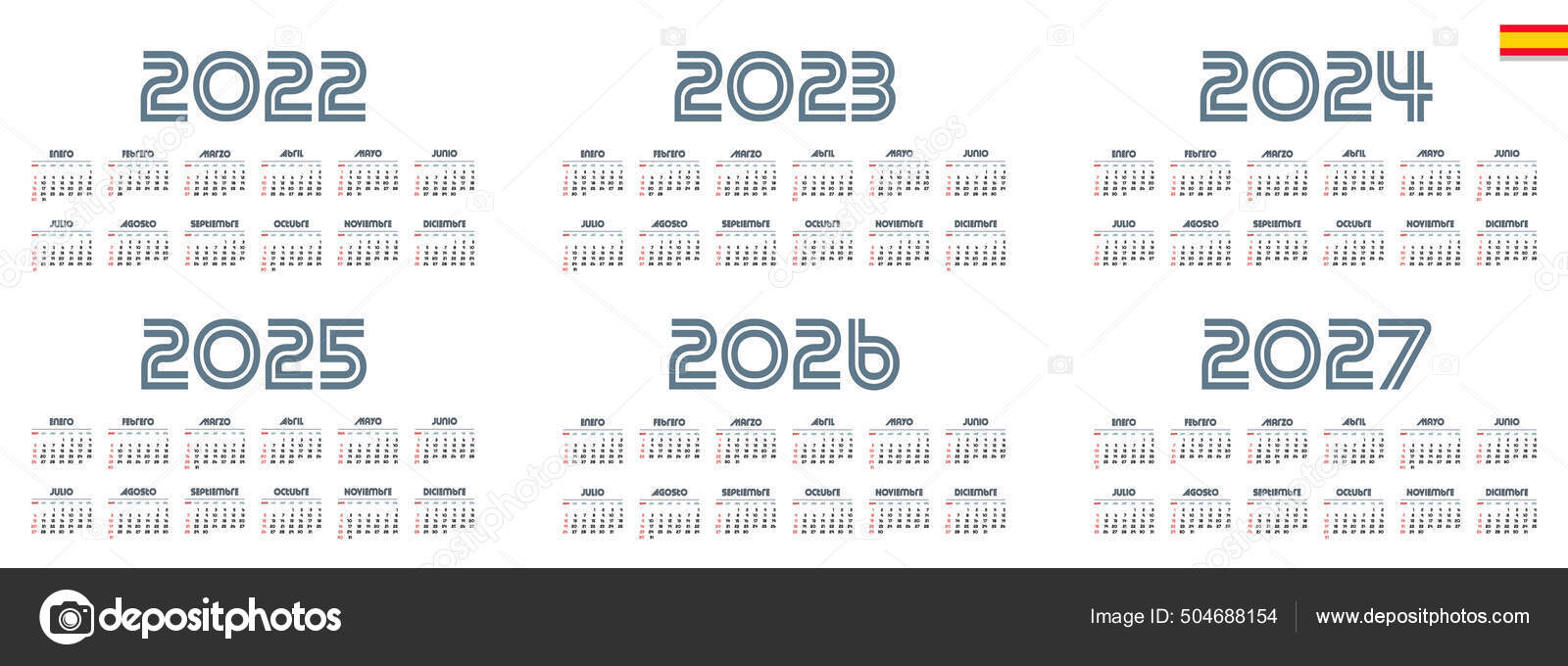 Calendrier Espagnol 2022 2023 2024 2025 2026 2027 Sur Fond image vectorielle par tashechka