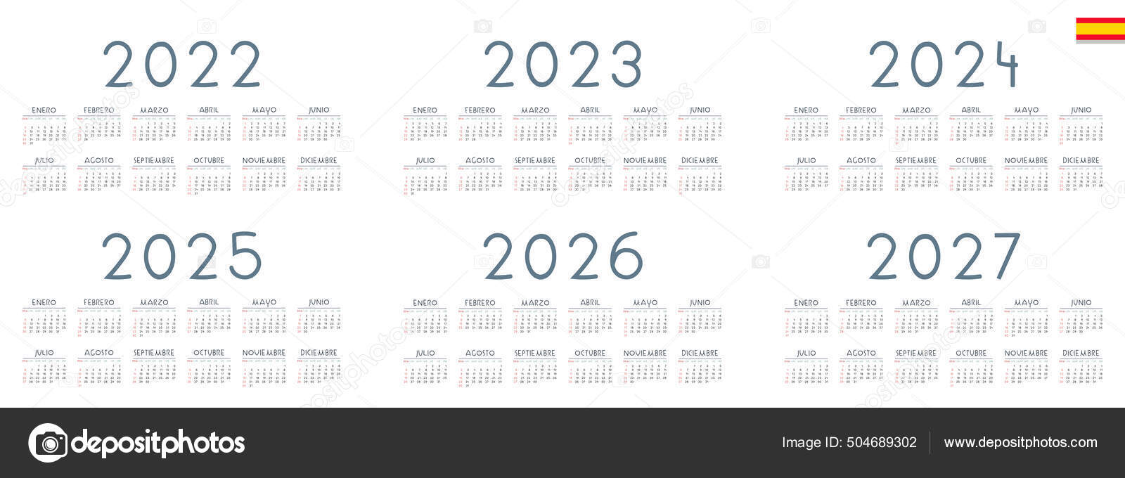 Spanish Calendar 2022 2023 2024 2025 2026 2027 White Background Stock