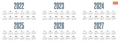 İspanyol takvimi 2022, 2023, 2024, 2025, 2026, 2027 beyaz arka plan, hafta pazar günü başlar.