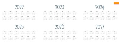 İspanyol takvimi 2022, 2023, 2024, 2025, 2026, 2027 beyaz arka plan, hafta pazar günü başlar.
