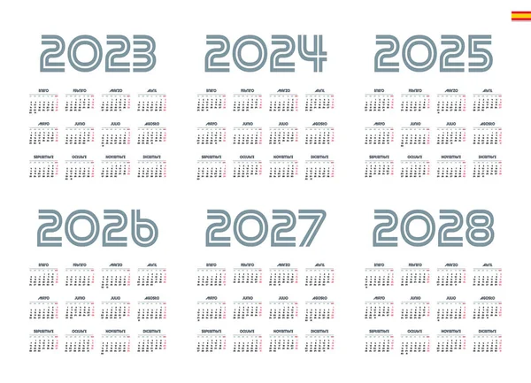西班牙历2022年 2023年 2024年 2025年 2026年 2027年 白色背景 周开始于星期一 — 图库矢量图片