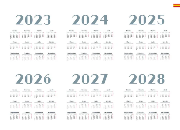 西班牙历2022年 2023年 2024年 2025年 2026年 2027年 白色背景 周开始于星期一 — 图库矢量图片