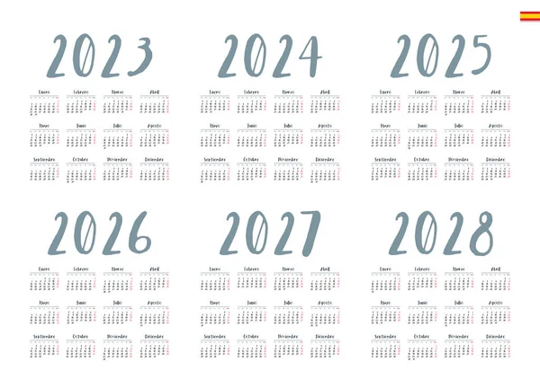 Испанский Календарь 2022 2023 2024 2025 2026 2027 Белом Фоне — стоковый вектор