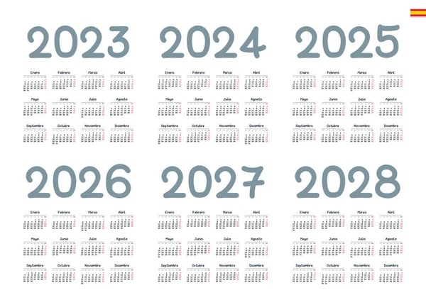 Spaanse Kalender 2022 2023 2024 2025 2026 2027 Witte Achtergrond — Stockvector