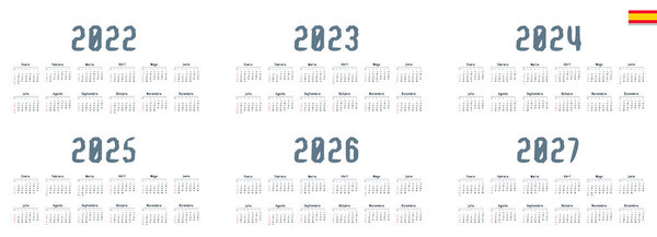 Испанский календарь 2022, 2023, 2024, 2025, 2026, 2027 на белом фоне, неделя начинается в воскресенье