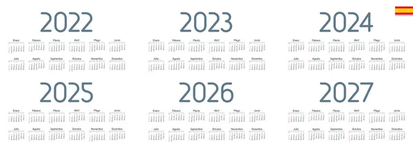 西班牙历2022年 2023年 2024年 2025年 2026年 2027年 白色背景 周日开始一周 — 图库矢量图片
