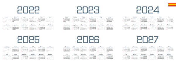 Испанский календарь 2022, 2023, 2024, 2025, 2026, 2027 на белом фоне, неделя начинается в воскресенье