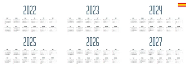 西班牙历2022年 2023年 2024年 2025年 2026年 2027年 白色背景 周日开始一周 — 图库矢量图片