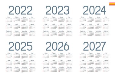 İspanyol takvimi 2022, 2023, 2024, 2025, 2026, 2027 beyaz arka plan, hafta pazar günü başlar.