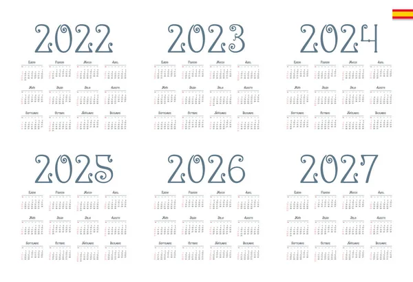 Spaanse Kalender 2022 2023 2024 2025 2026 2027 Witte Achtergrond — Stockvector