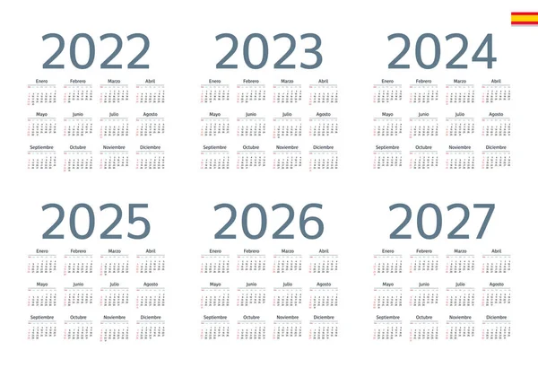 İspanyol takvimi 2022, 2023, 2024, 2025, 2026, 2027 beyaz arka plan, hafta pazar günü başlar.