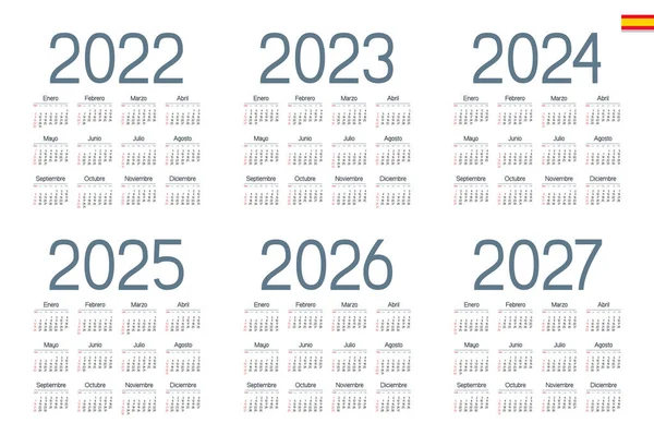 西班牙历2022年 2023年 2024年 2025年 2026年 2027年 白色背景 周日开始一周 — 图库矢量图片