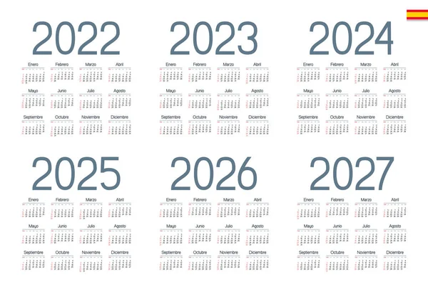 İspanyol takvimi 2022, 2023, 2024, 2025, 2026, 2027 beyaz arka plan, hafta pazar günü başlar.
