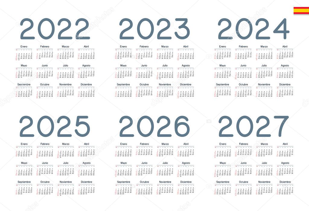 Spanish calendar 2022, 2023, 2024, 2025, 2026, 2027 on white background, week starts on Sunday