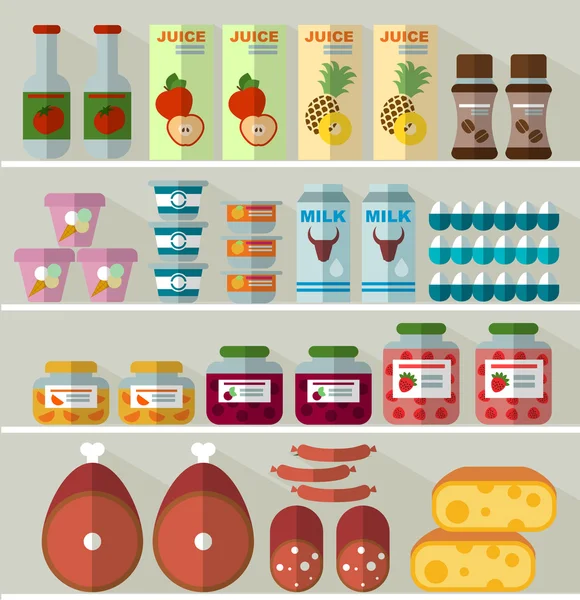 Food on the shelves of the store — Stock Vector