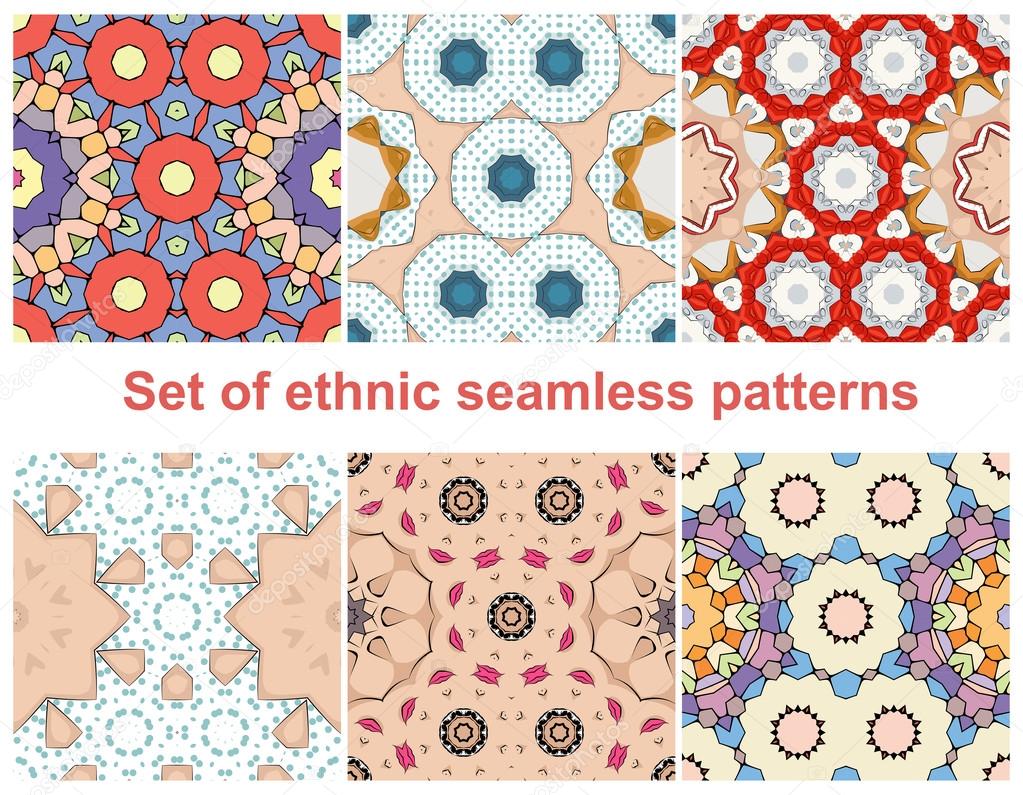 Set of six colorful geometric patterns (seamlessly tiling).