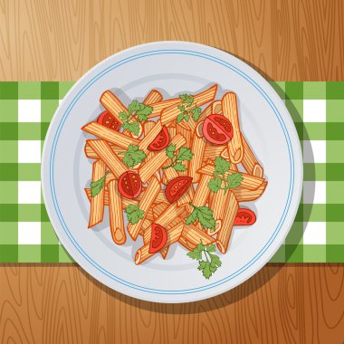 Penne rigate makarna kiraz domates ve maydanoz ahşap bir masa üzerinde