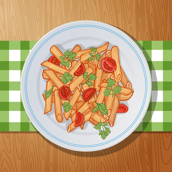 Penne rigate Pasta mit Kirschtomaten und Petersilie auf einem Holztisch — Stockvektor