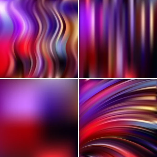 Abstract vector illustration of colorful background with blurred light lines. Set of four square backgrounds. Curved lines. Red, pink, purple colors. — Stockvector