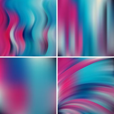 Abstract vector illustration of colorful background with blurred light lines. Blue, pink colors. Set of four square backgrounds. Curved lines.