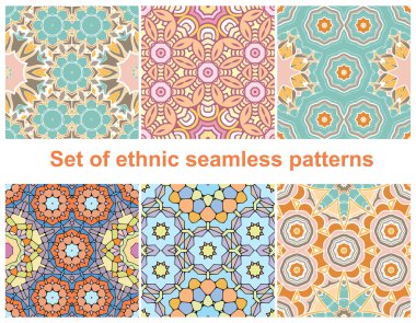 Etnik tarzı desen Set - altı güzel desen tasarım koleksiyonu. Dikişsiz desen duvar kağıdı, desen dolgularını, web sayfası arka planı, yüzey dokuları için kullanılabilir. Moda Dikişsiz arka planlar.