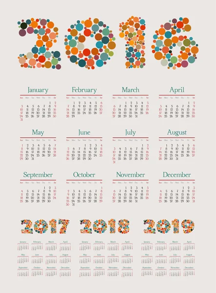Calendar 2016 - 2019 year. Week starts from sunday. — Stok Vektör