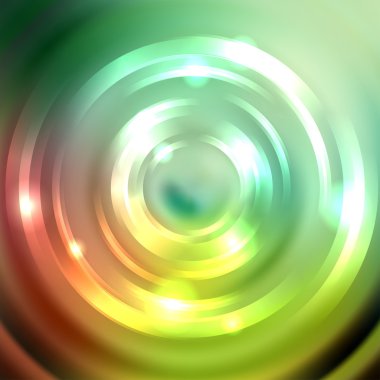 Abstract circle background, Vector design. Green, yellow, orange colors. Vector infinite round tunnel of shining flares.