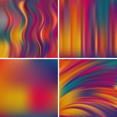Abstract vector illustration of colorful background with blurred light lines. Autumn-colored. Set of four square backgrounds. Curved lines.