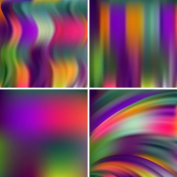 Abstract vector illustration of colorful background with blurred light lines. purple, orange, green colors. Set of four square backgrounds. Curved lines. — Stock Vector