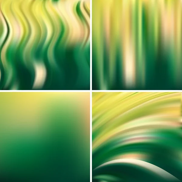 Abstract vector illustration of colorful background with blurred light lines. Green, yellow colors. Set of four square backgrounds. Curved lines. — 图库矢量图片