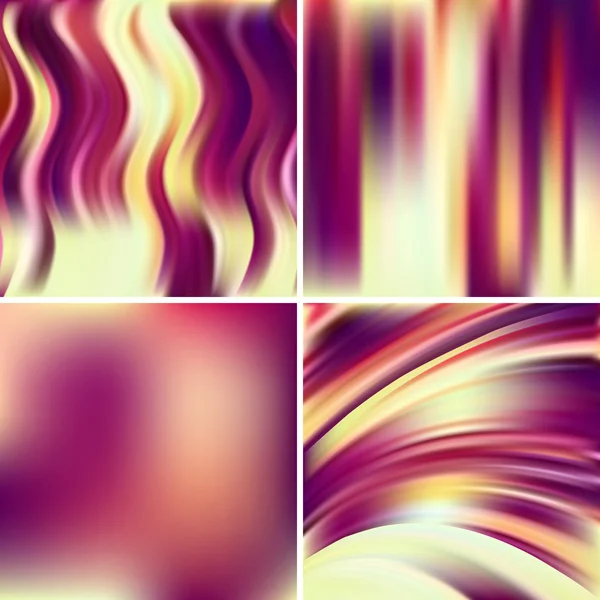 Set of four square backgrounds. Abstract vector illustration of colorful background with blurred light lines. Curved lines. Brown, beige, yellow, purple colors. — 图库矢量图片