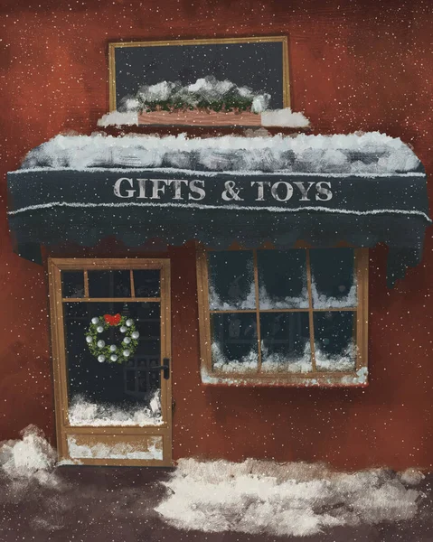 Christmas Greeting Card Illustaration Gifts Toys Shop — Stock Photo, Image