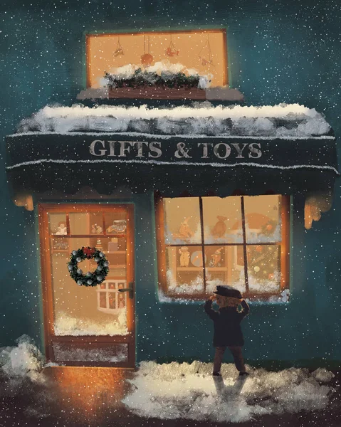 Carte Voeux Noël Illustaration Avec Boutique Cadeaux Jouets — Photo