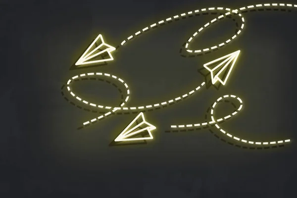 Messages to target audience. Yellow neon paper plane. Led signs
