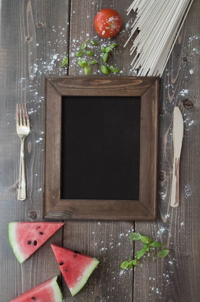 Tableta Madera Con Menú Café Muestra Maqueta Diseño Alimentos Restaurante — Foto de Stock