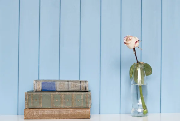 Hromadu knih a bílou růži v lahvi — Stock fotografie