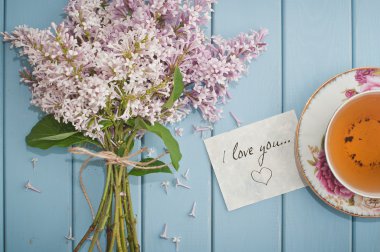 card i love you , english black tea and blooming lilac clipart