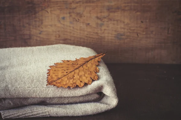 Liść dębu suchy i ciepły sweter z dzianiny — Zdjęcie stockowe