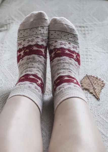 针织羊毛袜子和橡树叶 — 图库照片