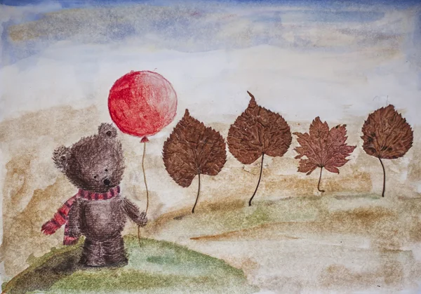 bear in a scarf with balloon and trees - dry leaves