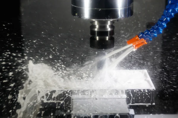 Cnc machining center milling with coolant — Stock Photo, Image