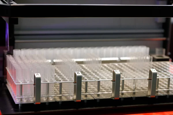 Empty Test Tubes Racks Science Research Laboratory Selective Focus — Fotografia de Stock