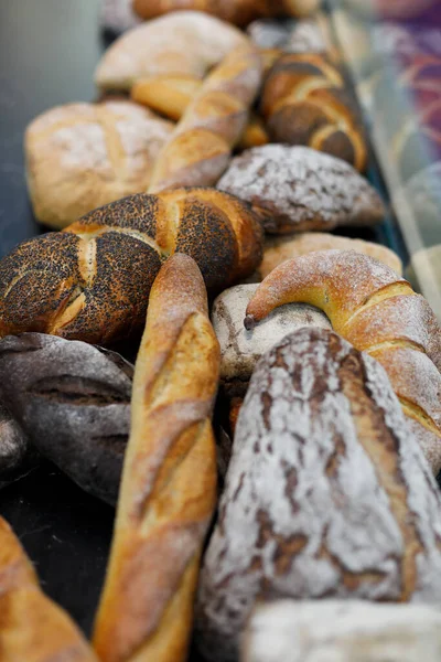 Loaves Bread Bakery Counter Selective Focus — Stock Photo, Image